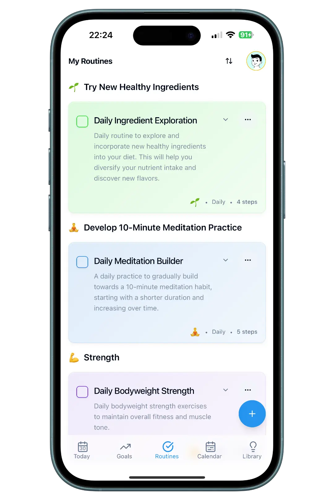 ProgressMade.ai app interface displaying personalized health routines and wellness tracking features
